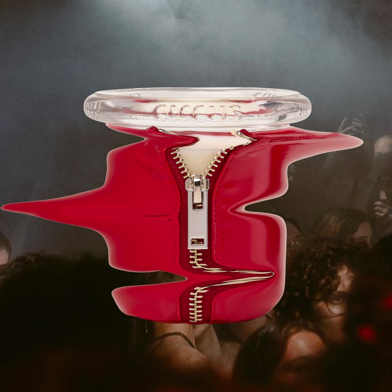 Bound candle inred latex with zipper, people dancing in a smoky nightclub — reflecting playlist sounds of bass, dark synths, and whispered vocals.
