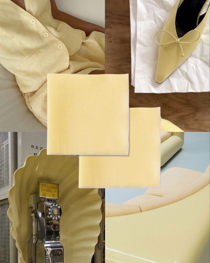 Collage of various yellow items including a shirt, shoes, and a sewing machine. butter fashion trend circus candles