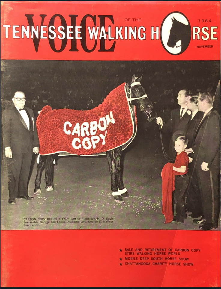 Cover of 'Voice of the Tennessee Walking Horse' magazine featuring a horse named 'Carbon Copy' with people around it.