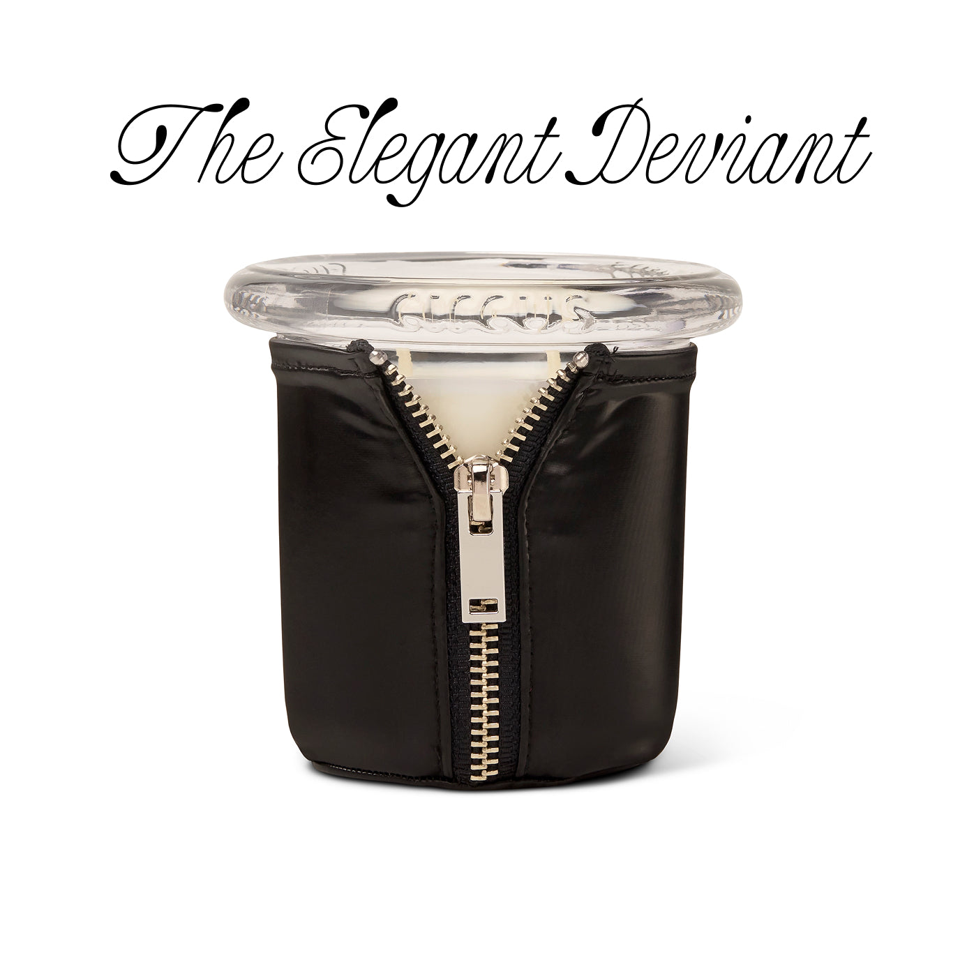 Black candle with silver zipper on a white background, featuring 'The Elegant Deviant' text.