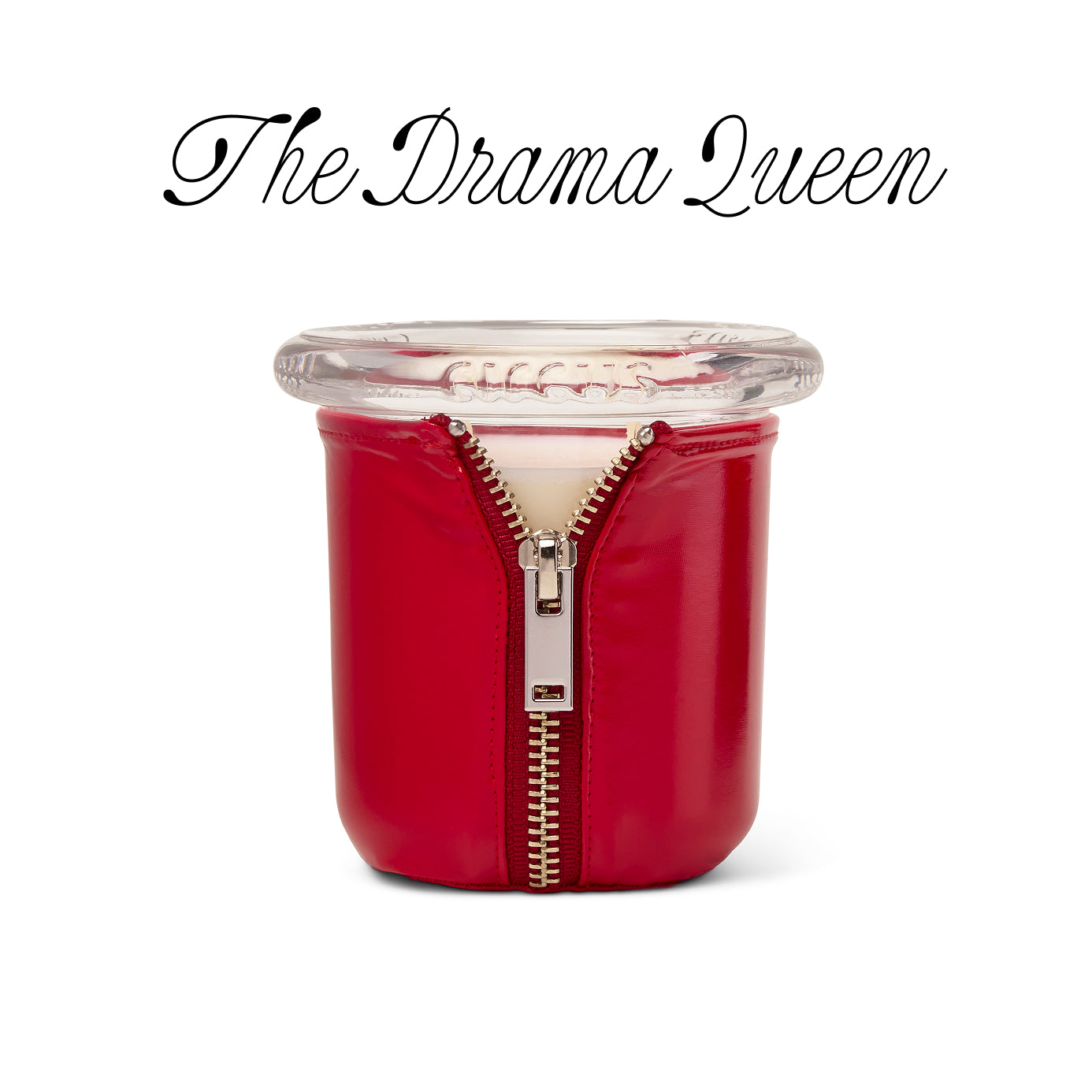 Red candle with silver zipper on a white background, labeled 'The Drama Queen'.