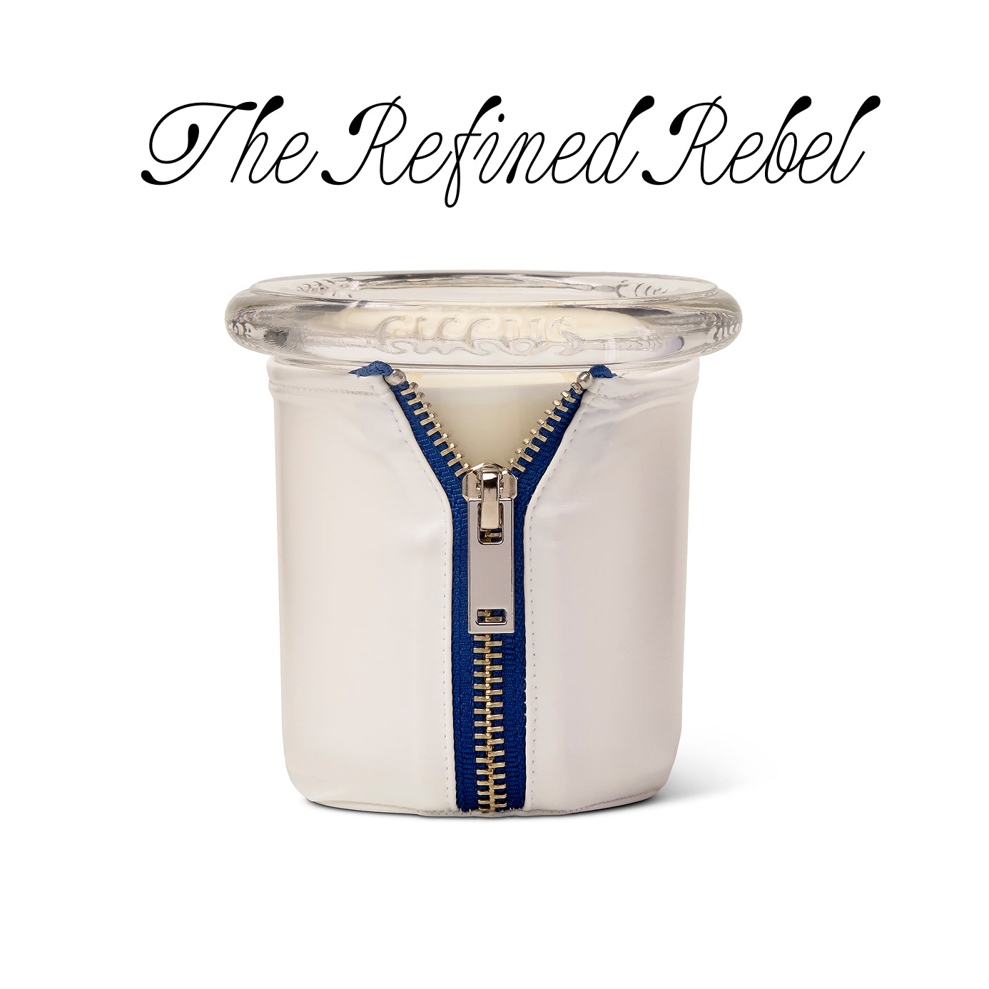 White candle with a blue zipper on a white background, featuring the text 'The Refined Rebel'.
