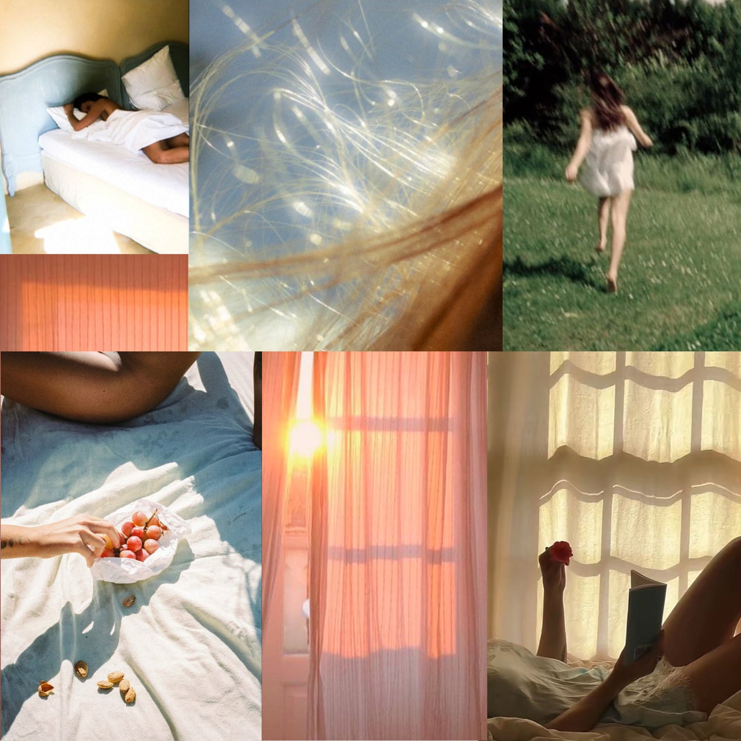 Collage of various scenes including a bedroom, nature, and a person eating.