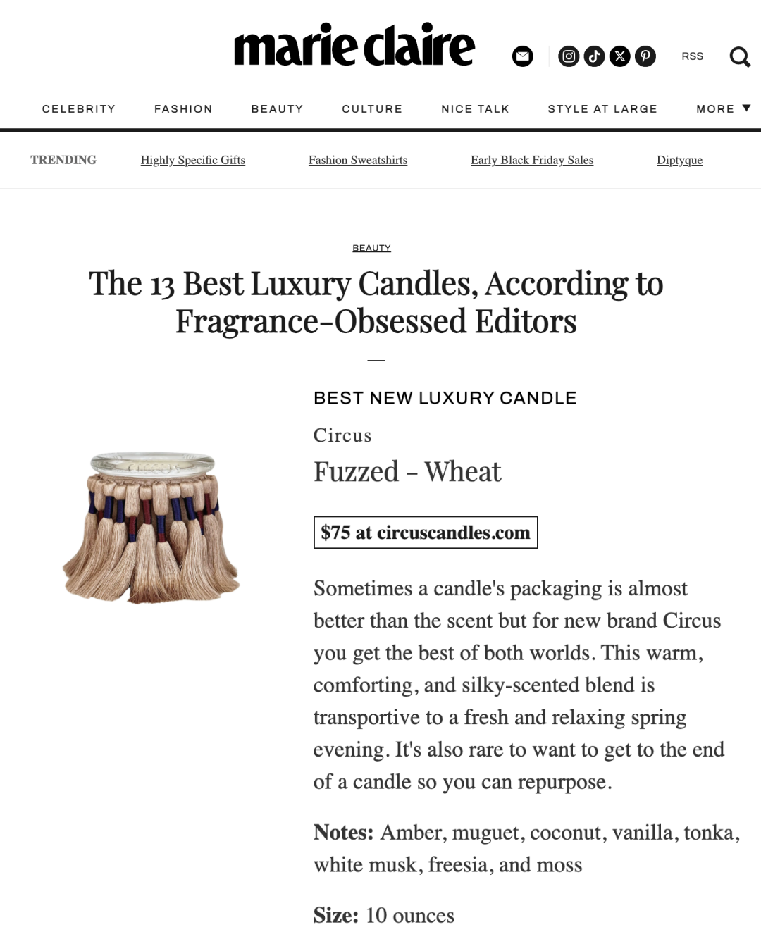 Marie Claire article about the best luxury candles, featuring a Fuzzed - Wheat candle from Circus.