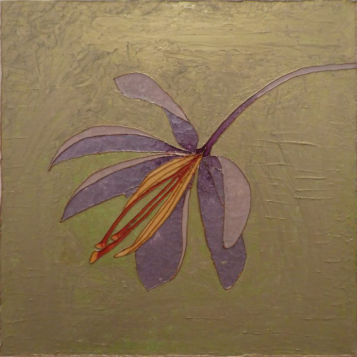 Artistic depiction of a saffron flower with purple petals and orange stamens on a textured green background